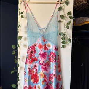 Victoria's Secret Sky Blue Floral Satin Lace Chemise Slip Nightgown Red Flowers